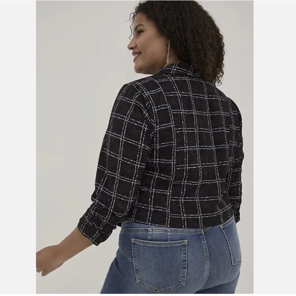 TORRID Blazer sz 2X Black White Plaid Print Blazer Open Front 3/4 Ruched Sleeve - Picture 3 of 12